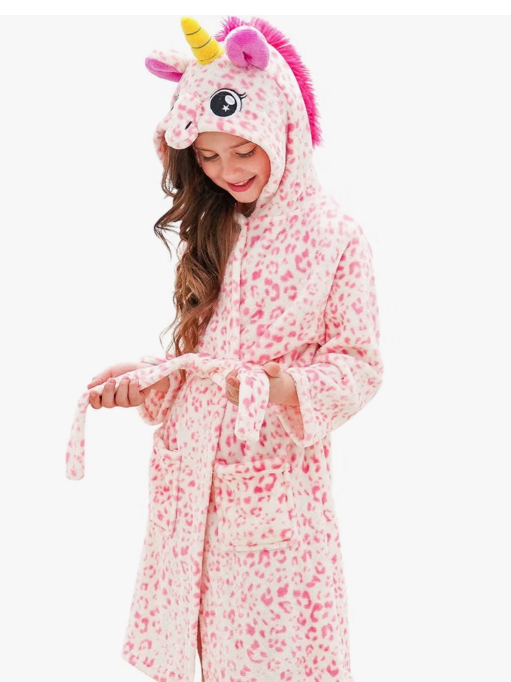 Pink Leopard Print Unicorn Hooded Kids Pajama Robe